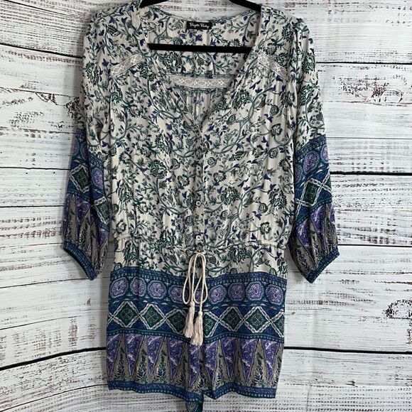 Brigitte Bailey Romper Womens size Small paisley Boho button Up Tassel Floral - Picture 3 of 14